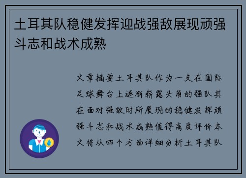 土耳其队稳健发挥迎战强敌展现顽强斗志和战术成熟