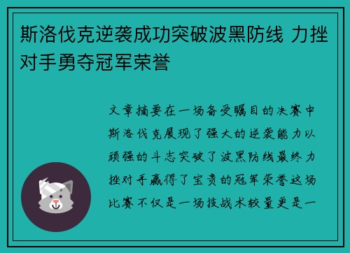 斯洛伐克逆袭成功突破波黑防线 力挫对手勇夺冠军荣誉