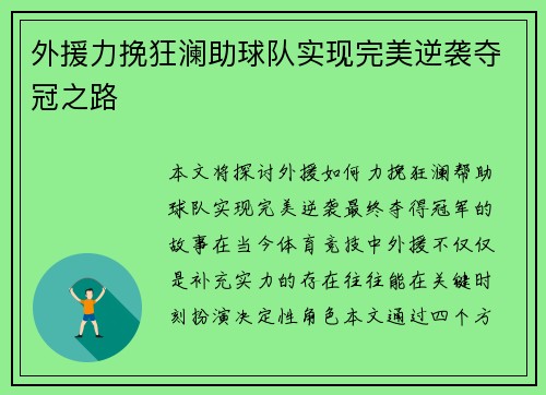 外援力挽狂澜助球队实现完美逆袭夺冠之路