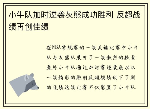 小牛队加时逆袭灰熊成功胜利 反超战绩再创佳绩