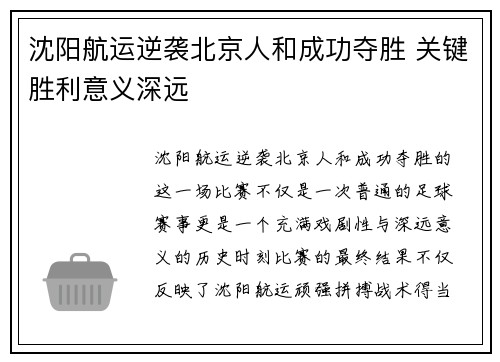 沈阳航运逆袭北京人和成功夺胜 关键胜利意义深远