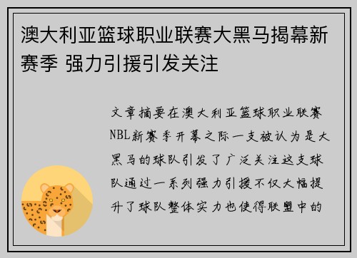 澳大利亚篮球职业联赛大黑马揭幕新赛季 强力引援引发关注