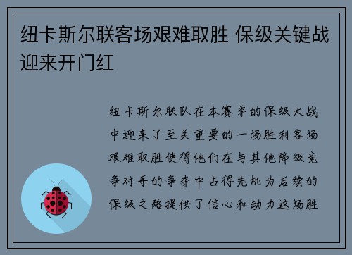 纽卡斯尔联客场艰难取胜 保级关键战迎来开门红