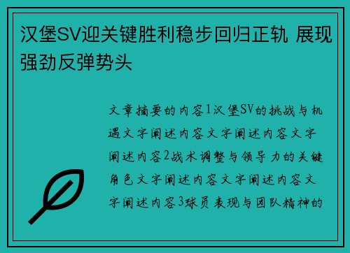 汉堡SV迎关键胜利稳步回归正轨 展现强劲反弹势头