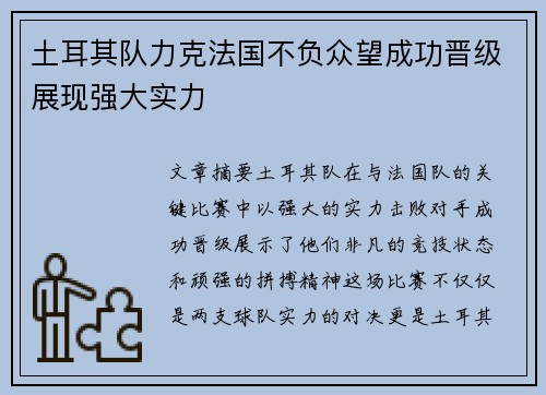 土耳其队力克法国不负众望成功晋级展现强大实力